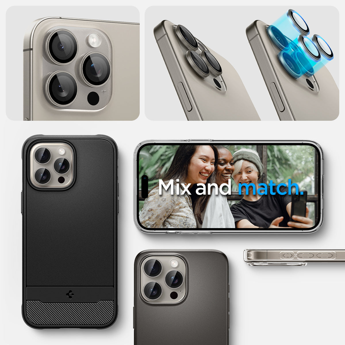 AGL07163 - iPhone 16 Pro / 16 Pro Max Optik Pro Lens Protector in natural titanium show detail. mix and match.