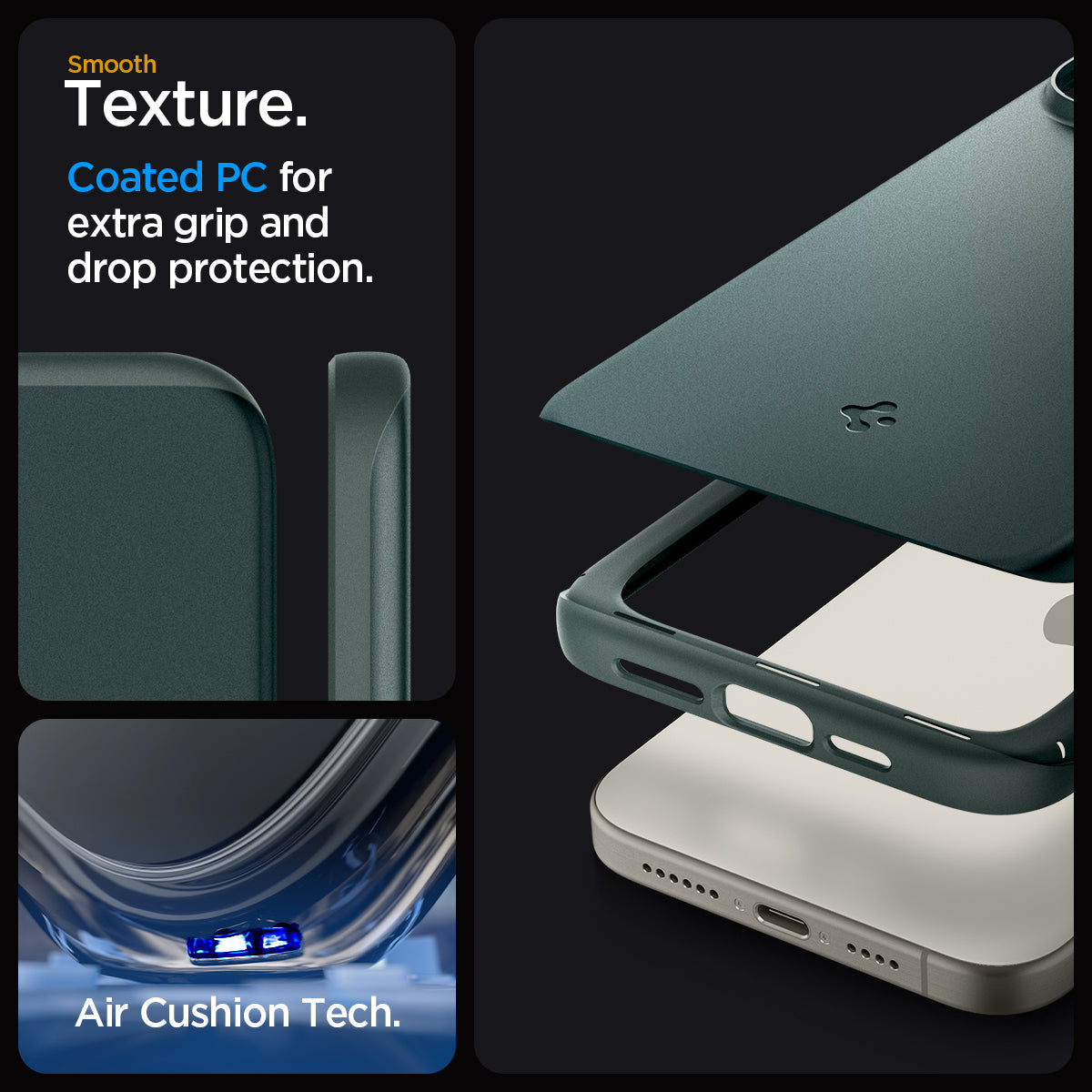 ACS06690 - iPhone 15 Pro Case Thin Fit in abyss green smooth texture. Coated PC for extra grip and drop protection. Aircushion tech.