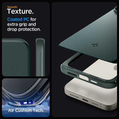ACS06690 - iPhone 15 Pro Case Thin Fit in abyss green smooth texture. Coated PC for extra grip and drop protection. Aircushion tech.