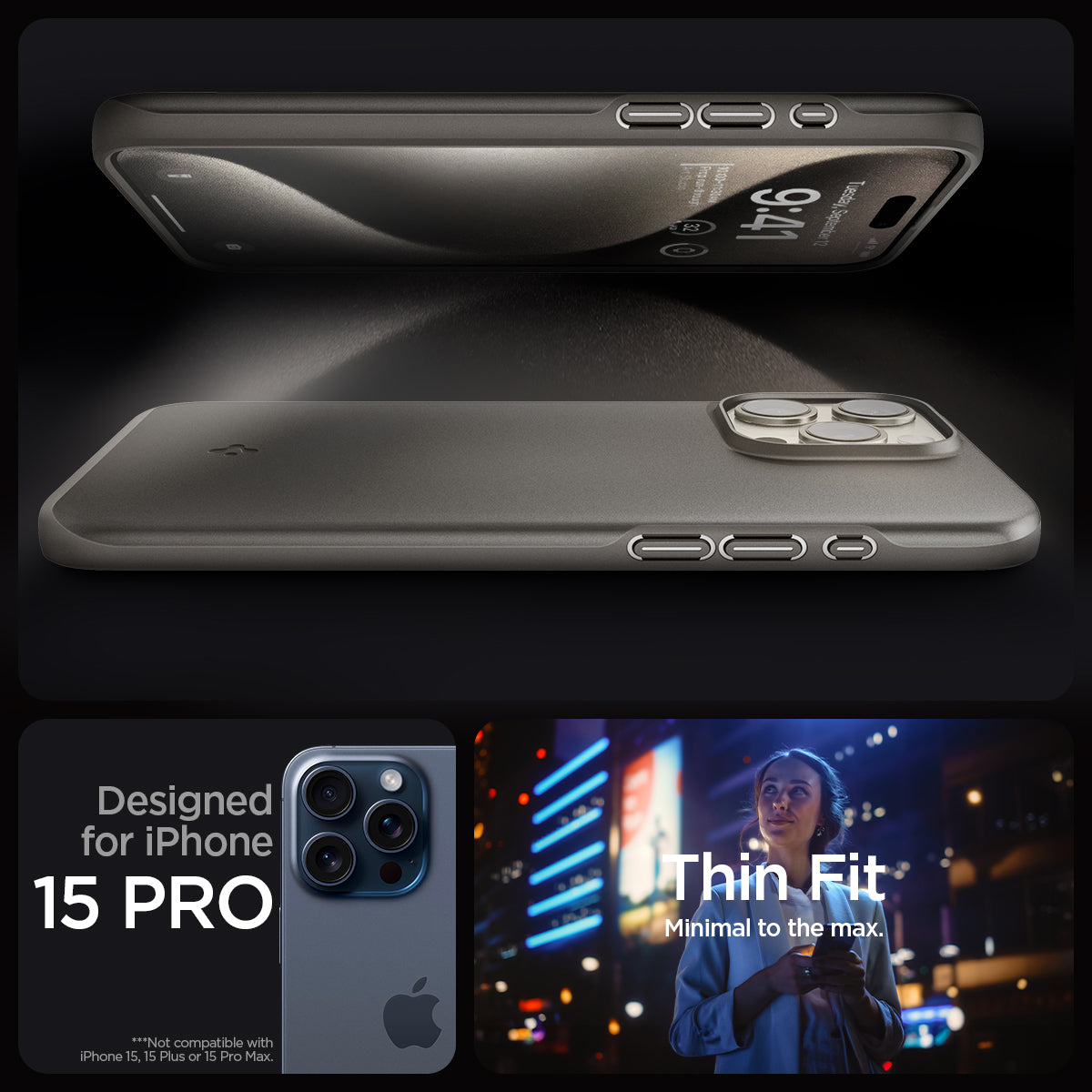 ACS06687 - iPhone 15 Pro Case Thin Fit in gunmetal designed for iPhone 15 pro. Thin fit. Minimal to the max.