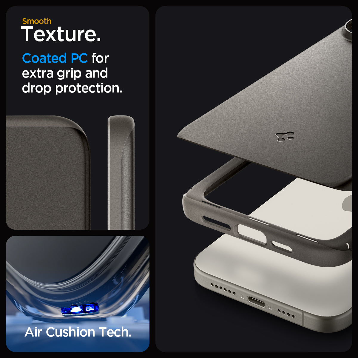ACS06687 - iPhone 15 Pro Case Thin Fit in gunmetal smooth texture. Coated PC for extra grip and drop protection. Aircushion tech.