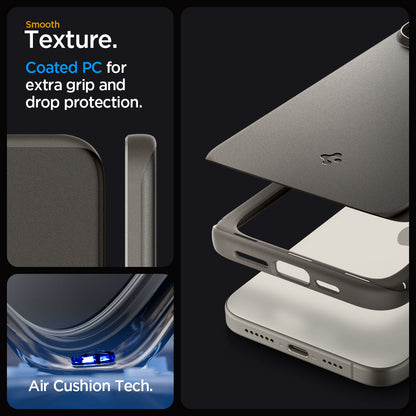 ACS06687 - iPhone 15 Pro Case Thin Fit in gunmetal smooth texture. Coated PC for extra grip and drop protection. Aircushion tech.
