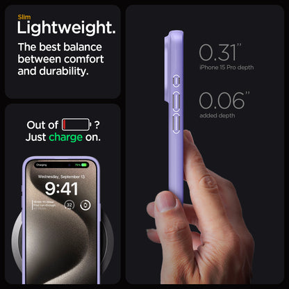 ACS06692 - iPhone 15 Pro Case Thin Fit in iris purple slim lightweight. the best balance between comfort and durability. Out of battery? Just charge on. 0.31" iPhone 15 max depth. 0.06" added depth.