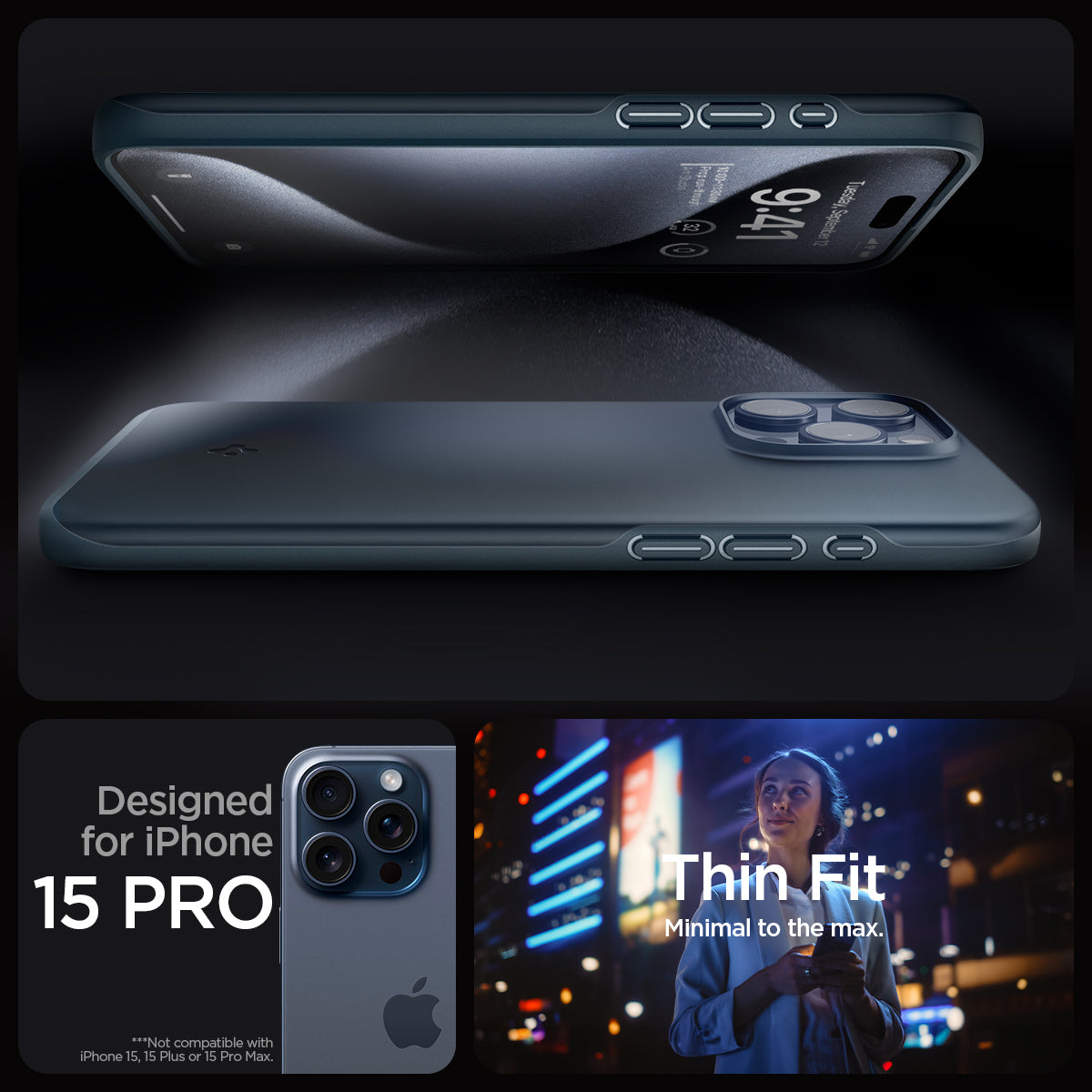 ACS06688 - iPhone 15 Pro Case Thin Fit in metal slate designed for iPhone 15 pro. Thin fit. Minimal to the max.