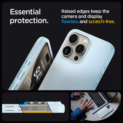 ACS06693 - iPhone 15 Pro Case Thin Fit in mute blue essential protection. Raised edges keep the camera and display flawless and scratch free.