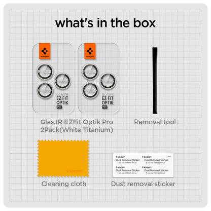 AGL07165 - iPhone 16 Pro / 16 Pro Max Optik Pro Lens Protector in white titanium showing the what's in the box. 2 pack of Glas.tR EZFit Optik Pro, Removal tool, Cleaning cloth and Dust removal sticker
