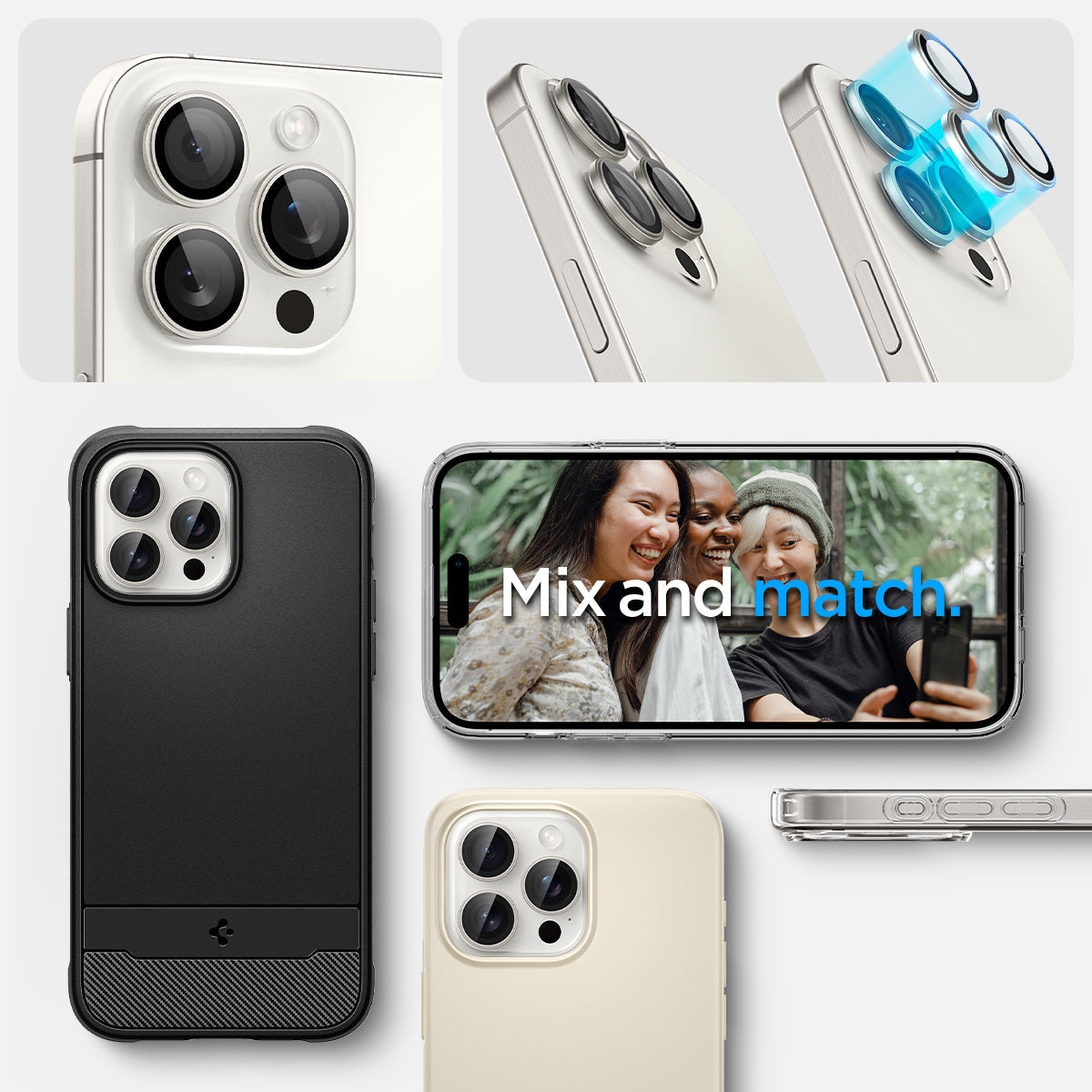 AGL07165 - iPhone 16 Pro / 16 Pro Max Optik Pro Lens Protector in white titanium show detail. mix and match.
