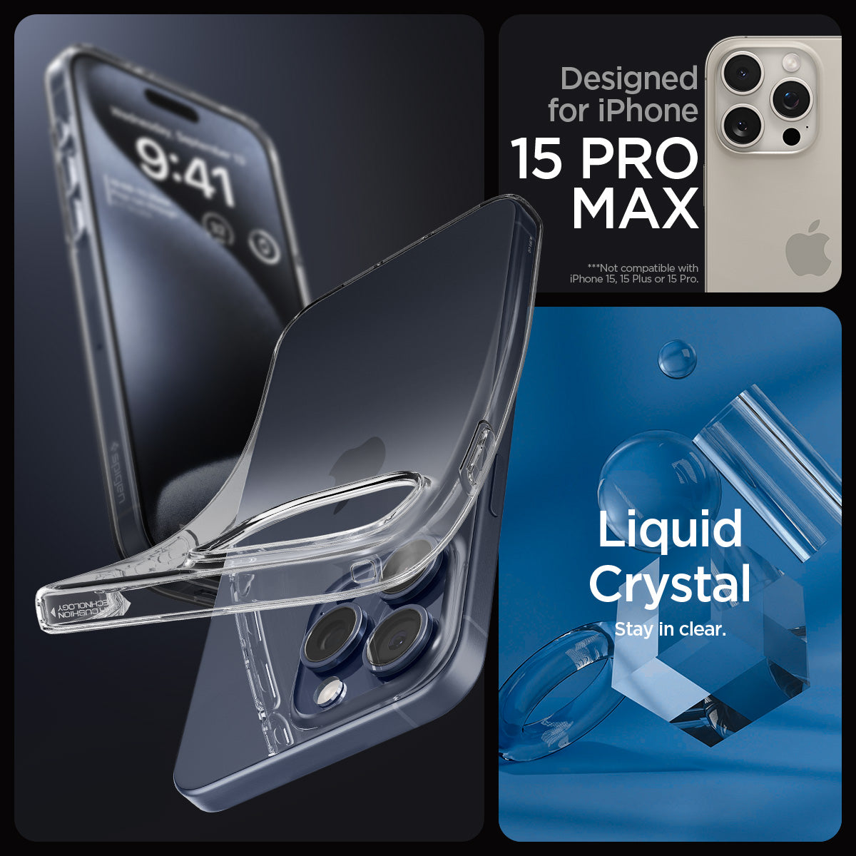 ACS06557 - iPhone 15 Pro Max Case Liquid Crystal in crystal clear showing the compatibility only with iPhone 15 Pro Max. Not compatible with iPhone 15 Plus | 15 Pro | 15 Pro