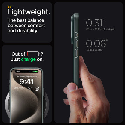 ACS06548 - iPhone 15 Pro Max Case Thin Fit in abyss green slim lightweight. the best balance between comfort and durability. Out of battery? Just charge on. 0.31" iPhone 15 max depth. 0.06" added depth.