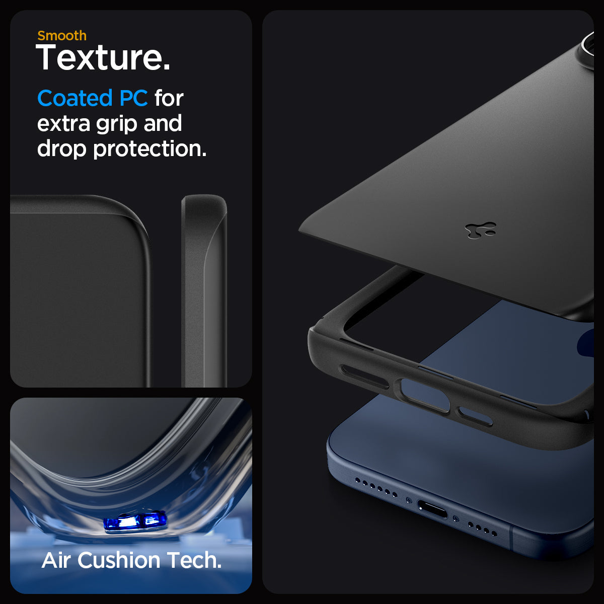 ACS06544 - iPhone 15 Pro Max Case Thin Fit in black smooth texture. Coated PC for extra grip and drop protection. Aircushion tech.
