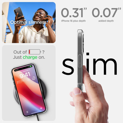 ACS08077 - iPhone 16 Plus Case Ultra Hybrid (MagFit) in Carbon Fiber optimal slimness. Out of battery? Just charge on. 0.31" and 0.07" slim.