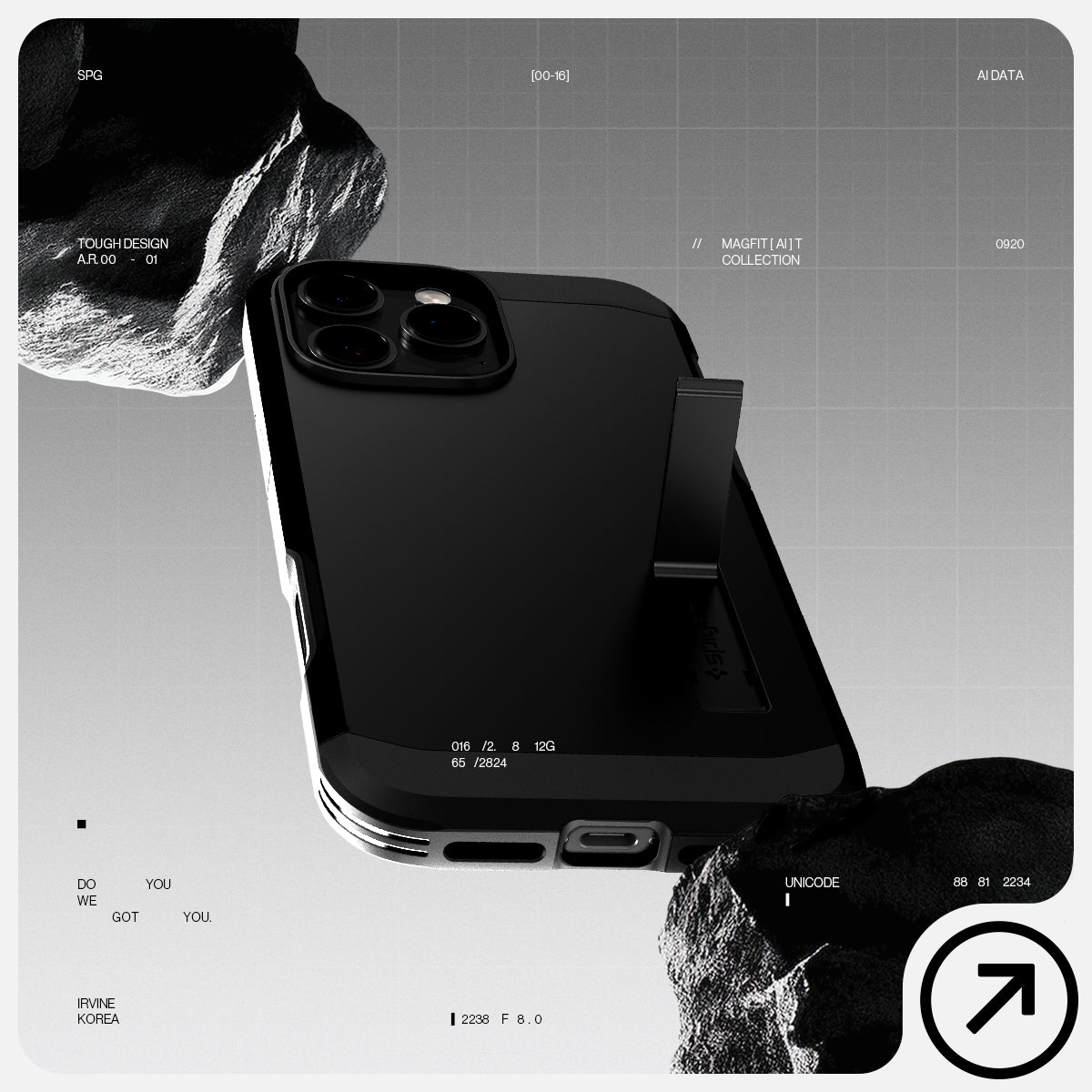 ACS08510 - iPhone 16 Pro Case Tough Armor T AI (MagFit + Camera Control) in Black showing the back, partial side and bottom in between rocks