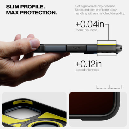 ACS08511 - iPhone 16 Pro Case Tough Armor T AI (MagFit + Camera Control) in Metal Slate showing the slim profile, max protection, get a grip on all-day defense, sleek and slim profile for easy handling with unmatched durability, +0.0in and +0.12in added thickness