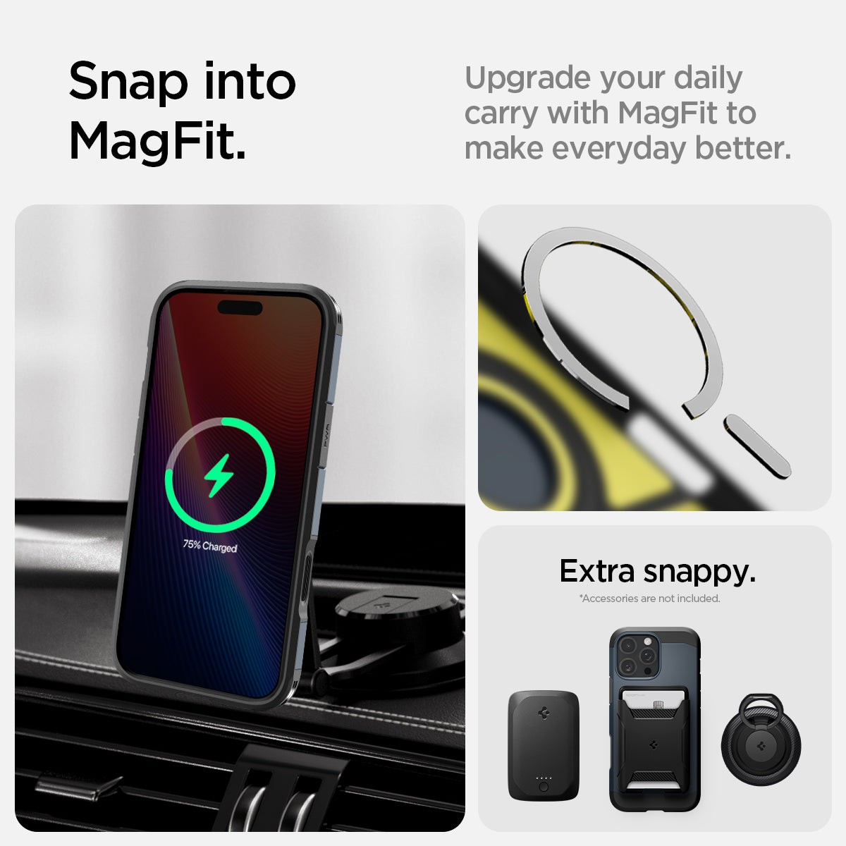ACS08511 - iPhone 16 Pro Case Tough Armor T AI (MagFit + Camera Control) in Metal Slate showing the snap into MagFit, upgrade your daily carry with MagFit to make everyday better, Extra snappy