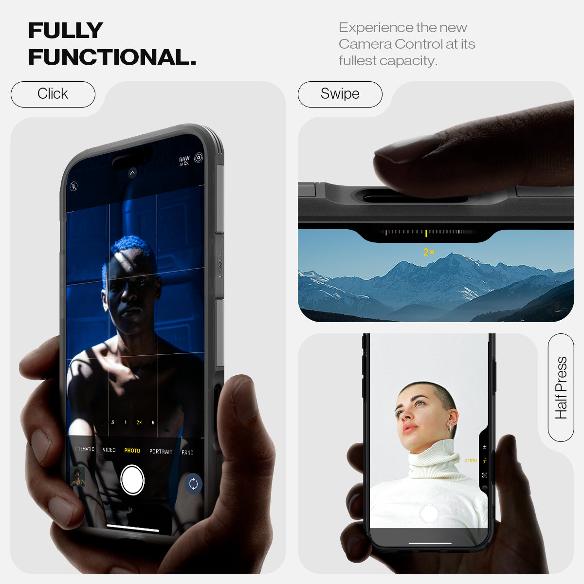 ACS09070 - iPhone 16 Pro Max Case Tough Armor T AI (MagFit) in Frost Black showing how it is fully functional. Experience the new camera control at its fullest capacity