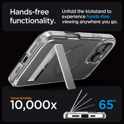 ACS08010 - iPhone 16 Pro Max Case Ultra Hybrid S (MagFit) in Graphite hands free functionality. Unfold the kickstand to experience hands free viewing anywhere you go. tested durability 10,000x