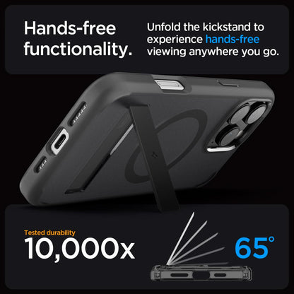 ACS08377 - iPhone 16 Pro Max Case Ultra Hybrid S (MagFit) in Frost Black hands free functionality. Unfold the kickstand to experience hands free viewing anywhere you go. tested durability 10,000x