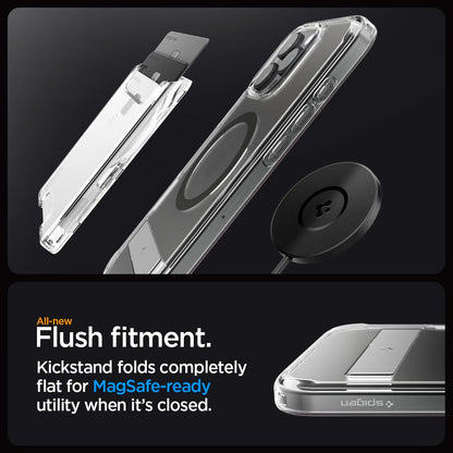 ACS08010 - iPhone 16 Pro Max Case Ultra Hybrid S (MagFit) in Graphite all new flush fitment. Kick stand folds completely flat for mag safe ready utility when it's closed.