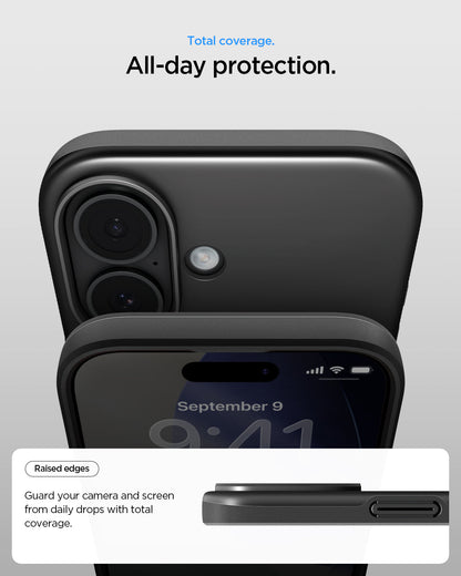 ACS09969 - iPhone 17 Thin Fit (MagFit) in Black showing total coverage. All day protection. Raised edges. guard your camera and screen from daily drops with total coverage.