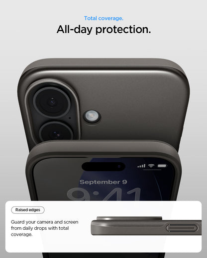 ACS09971 - iPhone 17 Thin Fit (MagFit) in Gunmetal showing total coverage. All day protection. Raised edges. guard your camera and screen from daily drops with total coverage.
