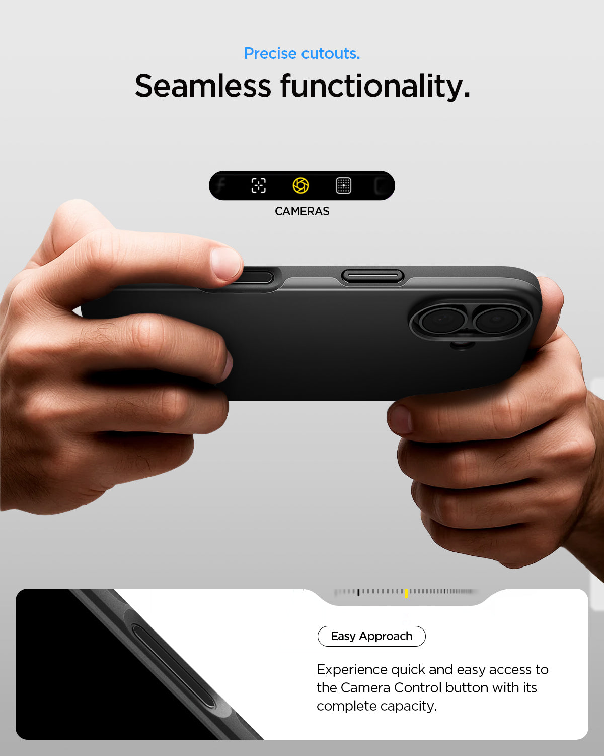 ACS09969 - iPhone 17 Thin Fit (MagFit) in Black showing precise cutouts. seamless functionality. Easy approach Experience quick and easy access to the camera control button with its complete capacity.
