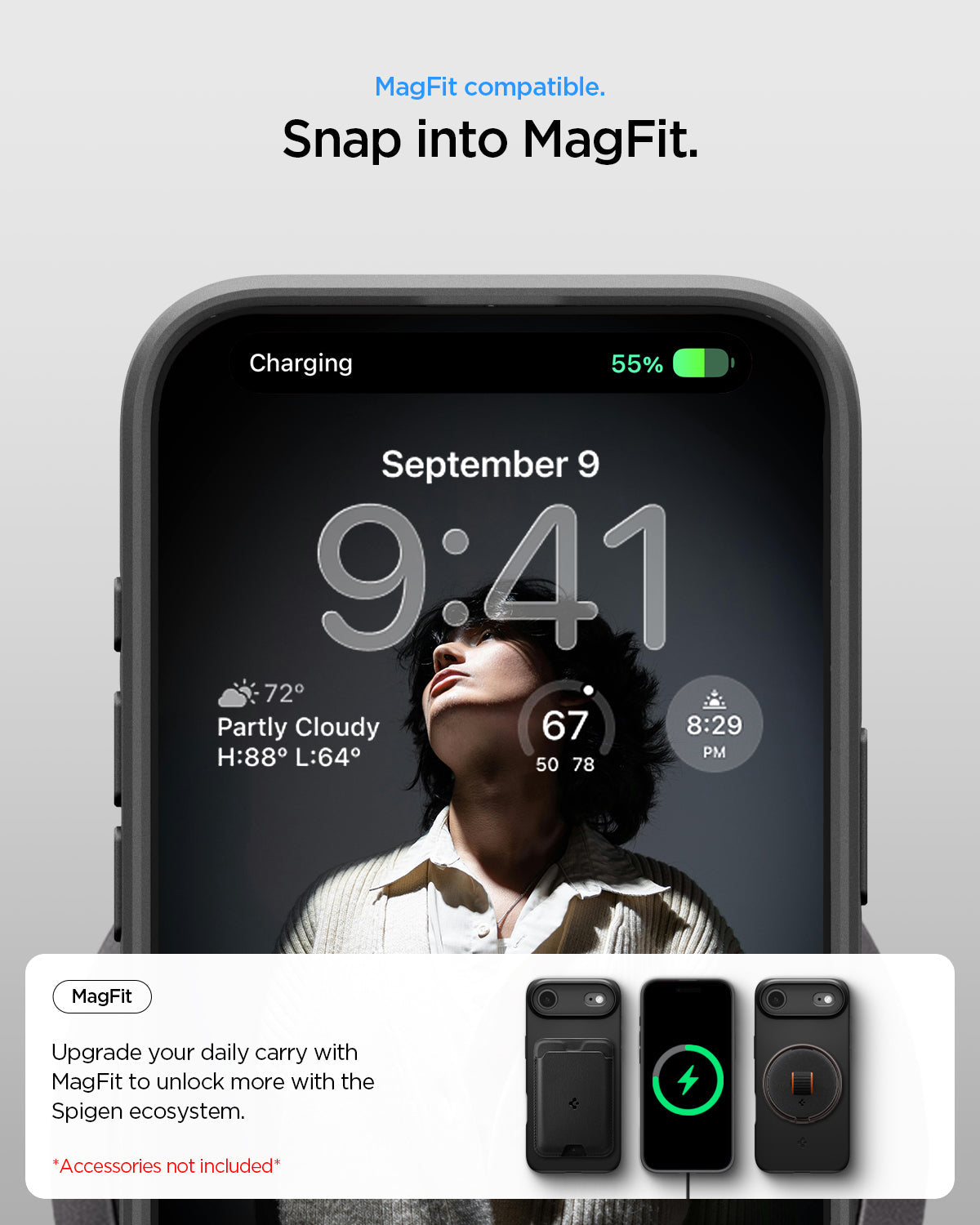 ACS09916 - iPhone 17 Air Thin Fit (MagFit) in Black showing magfit compatible. snap into magfit. upgrade your daily carry with magfit to unlock more with the spigen ecosystem