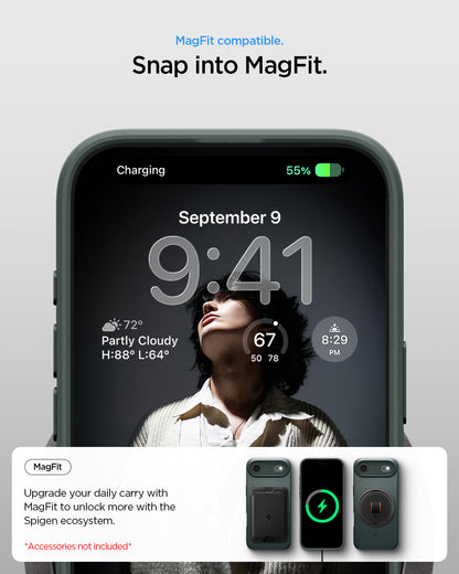 ACS09917 - iPhone 17 Air Thin Fit (MagFit) in Abyss Green showing magfit compatible. snap into magfit. upgrade your daily carry with magfit to unlock more with the spigen ecosystem