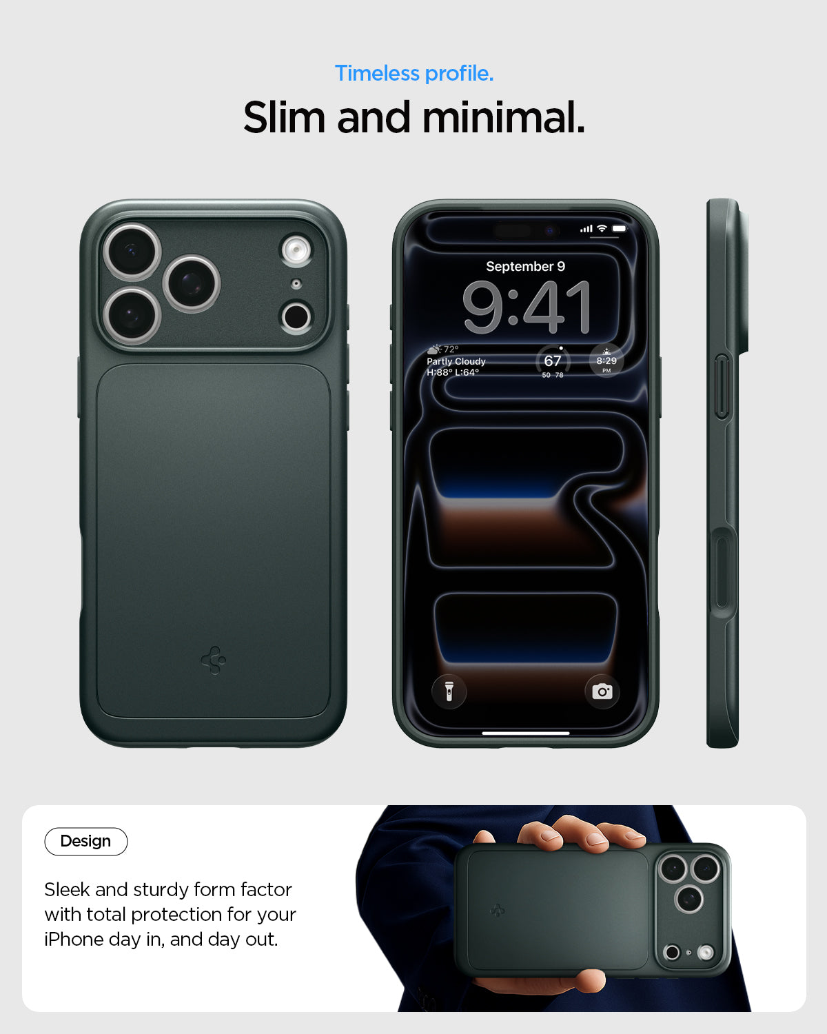 ACS09935 - iPhone 17 Pro Thin Fit (MagFit) in Abyss Green showing a slim and minimal case design from front, back, and side views.