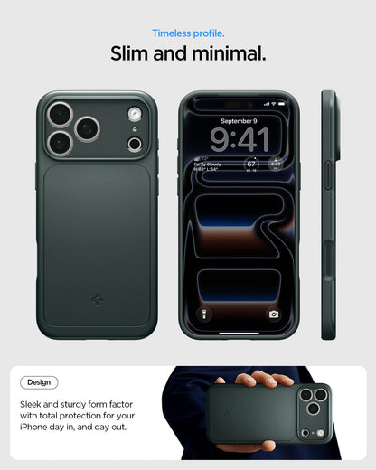 ACS09935 - iPhone 17 Pro Thin Fit (MagFit) in Abyss Green showing a slim and minimal case design from front, back, and side views.