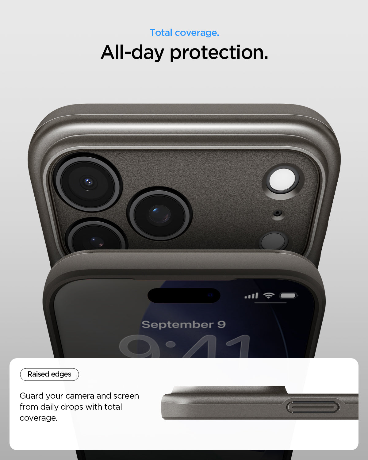 ACS09881 - iPhone 17 Pro Max Thin Fit (MagFit) in Gunmetal showing total coverage. All day protection. Raised edges. guard your camera and screen from daily drops with total coverage.