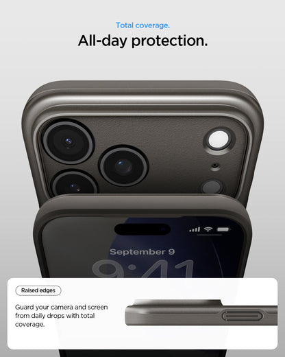 ACS09881 - iPhone 17 Pro Max Thin Fit (MagFit) in Gunmetal showing total coverage. All day protection. Raised edges. guard your camera and screen from daily drops with total coverage.