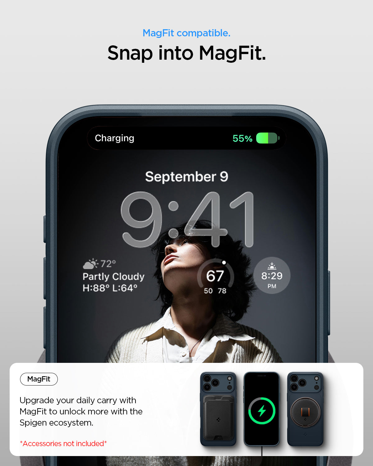 ACS09882 - iPhone 17 Pro Max Thin Fit (MagFit) in Metal Slate showing magfit compatible. snap into magfit. upgrade your daily carry with magfit to unlock more with the spigen ecosystem