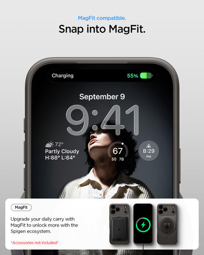 ACS09881 - iPhone 17 Pro Max Thin Fit (MagFit) in Gunmetal showing magfit compatible. snap into magfit. upgrade your daily carry with magfit to unlock more with the spigen ecosystem