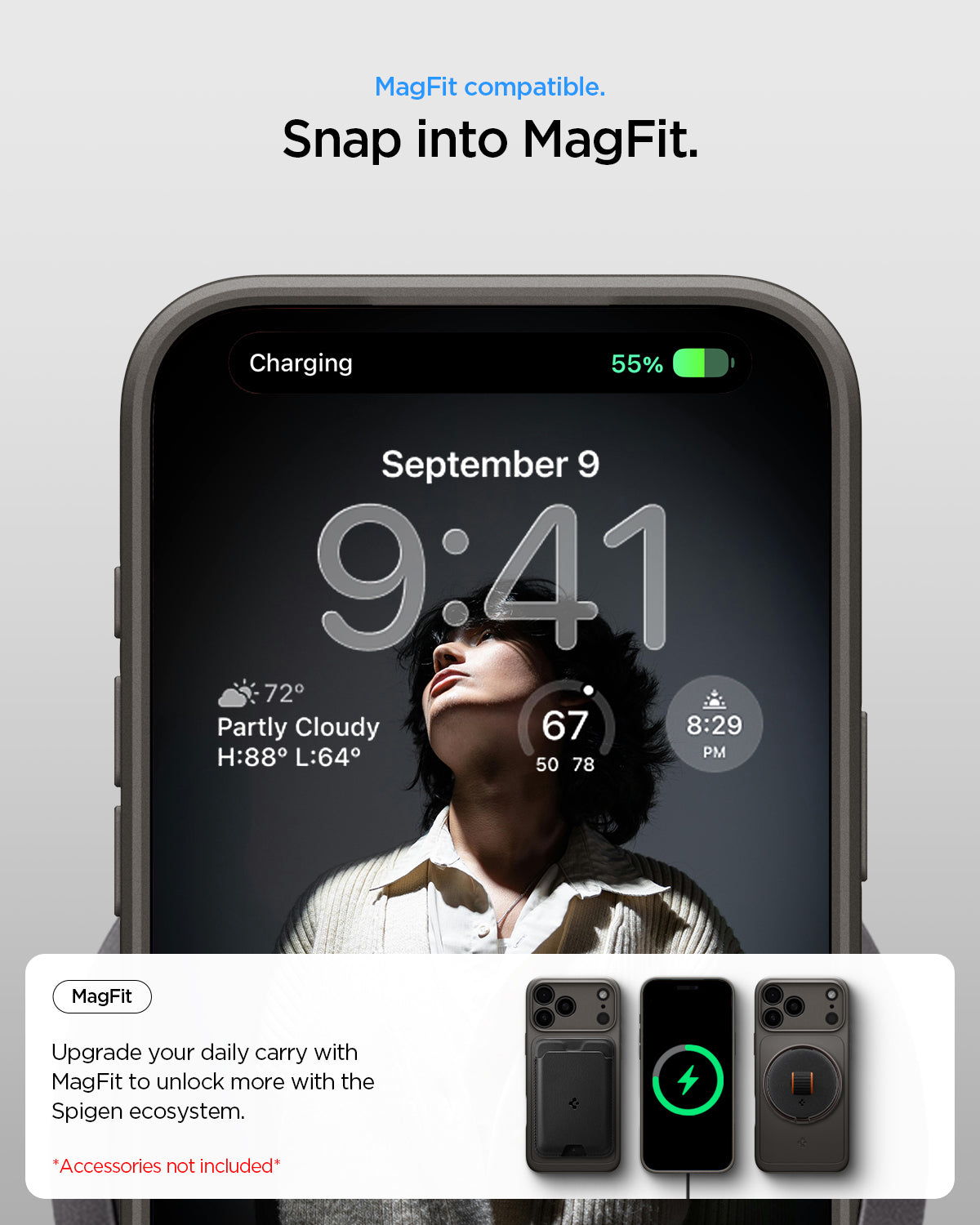 ACS09881 - iPhone 17 Pro Max Thin Fit (MagFit) in Gunmetal showing magfit compatible. snap into magfit. upgrade your daily carry with magfit to unlock more with the spigen ecosystem