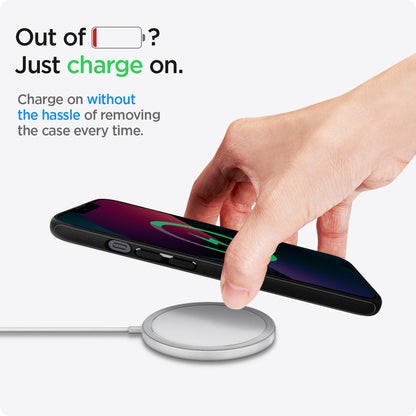 ACS03680 - iPhone 13 Mini Case Mag Armor in black showing the charge on without the hassle of removing the case every time