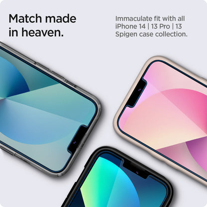 AGL03385 - Three smartphones with colorful displays on a white background, featuring text about Spigen case compatibility.