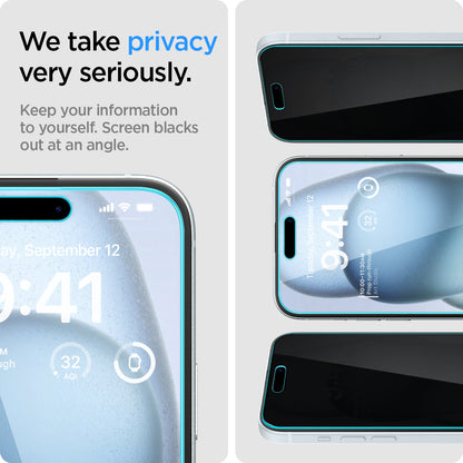 AGL06905 - iPhone 15 Screen Protector EZ FIT GLAS.tR Privacy we take privacy very seriously. Keep your information to yourself. Screen blacks out at an angle.