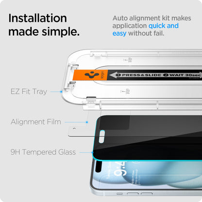 AGL06905 - iPhone 15 Screen Protector EZ FIT GLAS.tR Privacy installation made simple. auto alignment kit makes application quick and easy without fail. EZ Fit tray. Alignment film, 9H tempered glass.