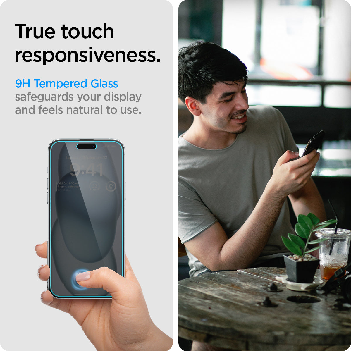 AGL06905 - iPhone 15 Screen Protector EZ FIT GLAS.tR Privacy true touch responsiveness. 9H tempered glass safe guards your display and feels natural to use.
