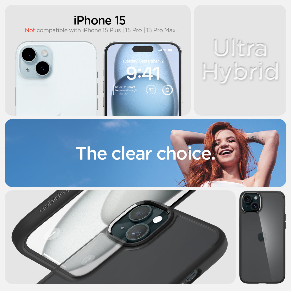 ACS06799 - iPhone 15 Case Ultra Hybrid in matte black showing the compatibility only with iPhone 15. Not compatible with iPhone 15 Plus | 15 Pro | 15 Pro Max