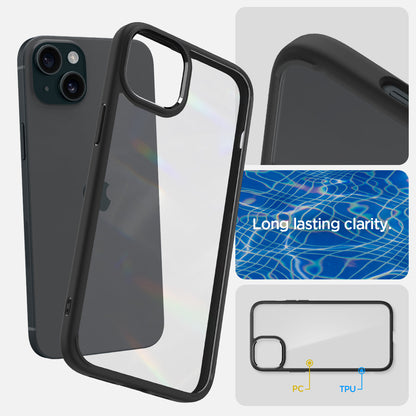 ACS06799 - iPhone 15 Case Ultra Hybrid in matte black showing the long lasting clarity