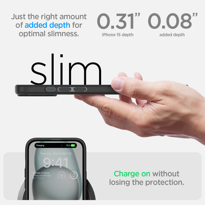 ACS06799 - iPhone 15 Case Ultra Hybrid in matte black showing the right amount of added depth for optimal slimness. 0.31" iPhone 15 Plus depth | 0.08" added depth. Charge on without losing the protection