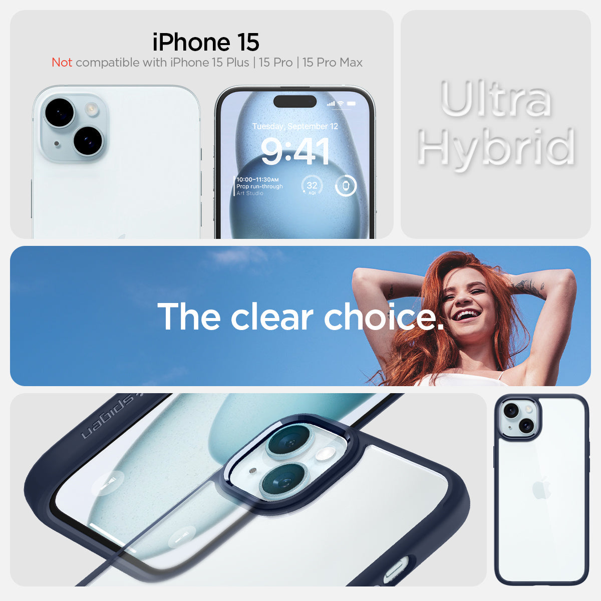 ACS06801 - iPhone 15 Case Ultra Hybrid in navy blue showing the compatibility only with iPhone 15. Not compatible with iPhone 15 Plus | 15 Pro | 15 Pro Max
