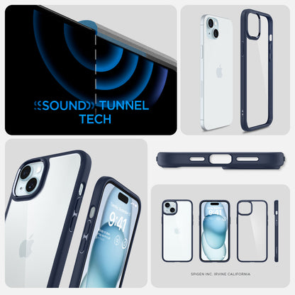 ACS06801 - iPhone 15 Case Ultra Hybrid in navy blue showing the sound tunnel tech