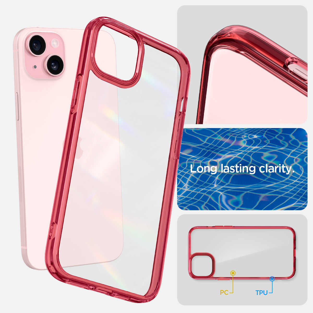 ACS06794 - iPhone 15 Case Ultra Hybrid in red crystal showing the long lasting clarity