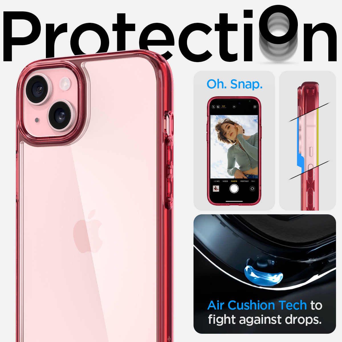 ACS06794 - iPhone 15 Case Ultra Hybrid in red crystal showing the air cushion tech to fight against drops