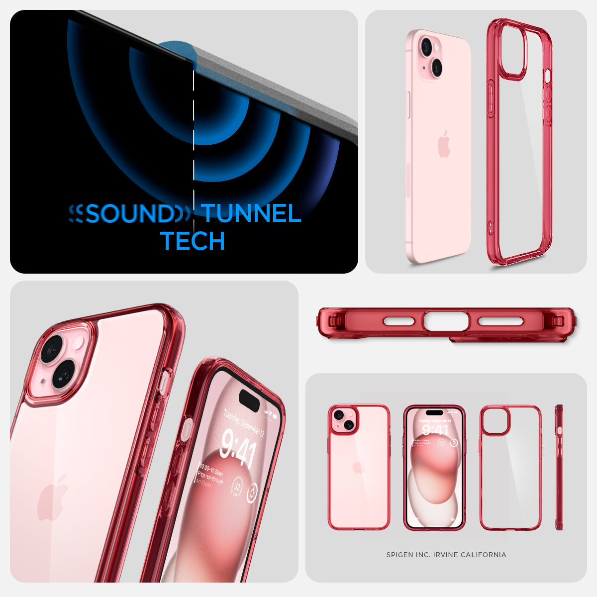 ACS06794 - iPhone 15 Case Ultra Hybrid in red crystal showing the sound tunnel tech