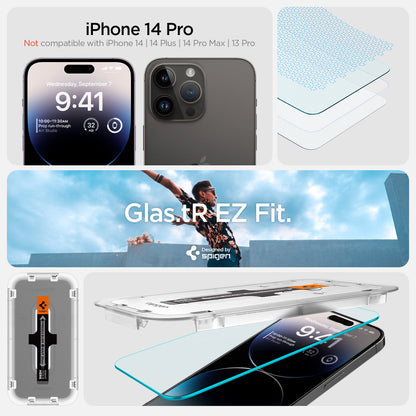 AGL05214 - iPhone 14 Pro Screen Protector EZ FIT GLAS.tR (Sensor Protection) showing designed by spigen