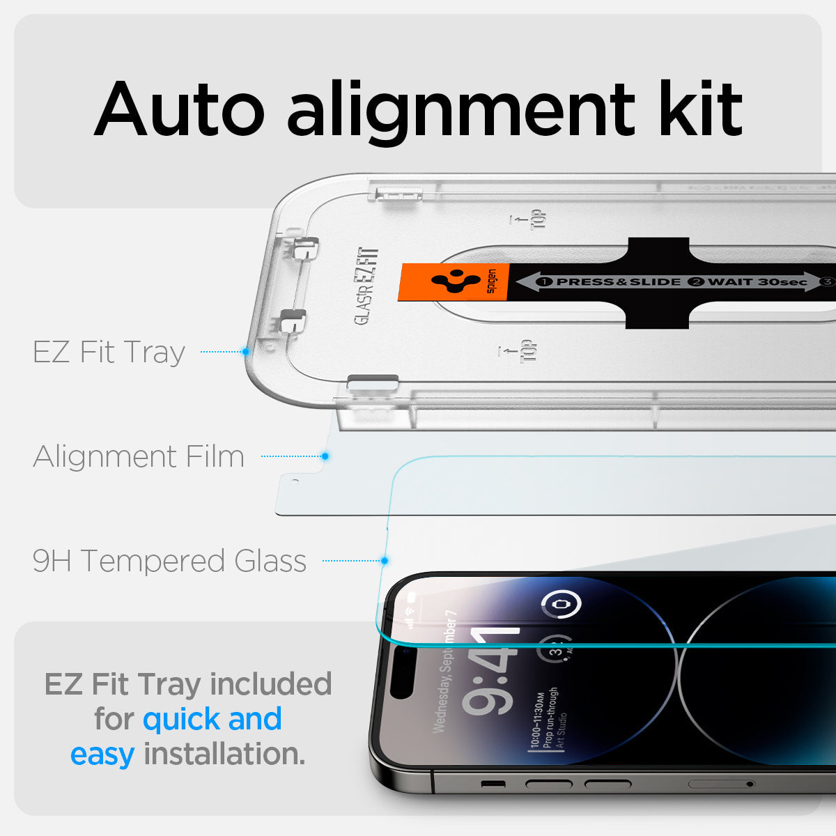 AGL05214 - iPhone 14 Pro Screen Protector EZ FIT GLAS.tR (Sensor Protection) showing auto alignment kit. EZ fit tray, alignment film 9H tempered glass. EZ fit tray included for quick and easy installation