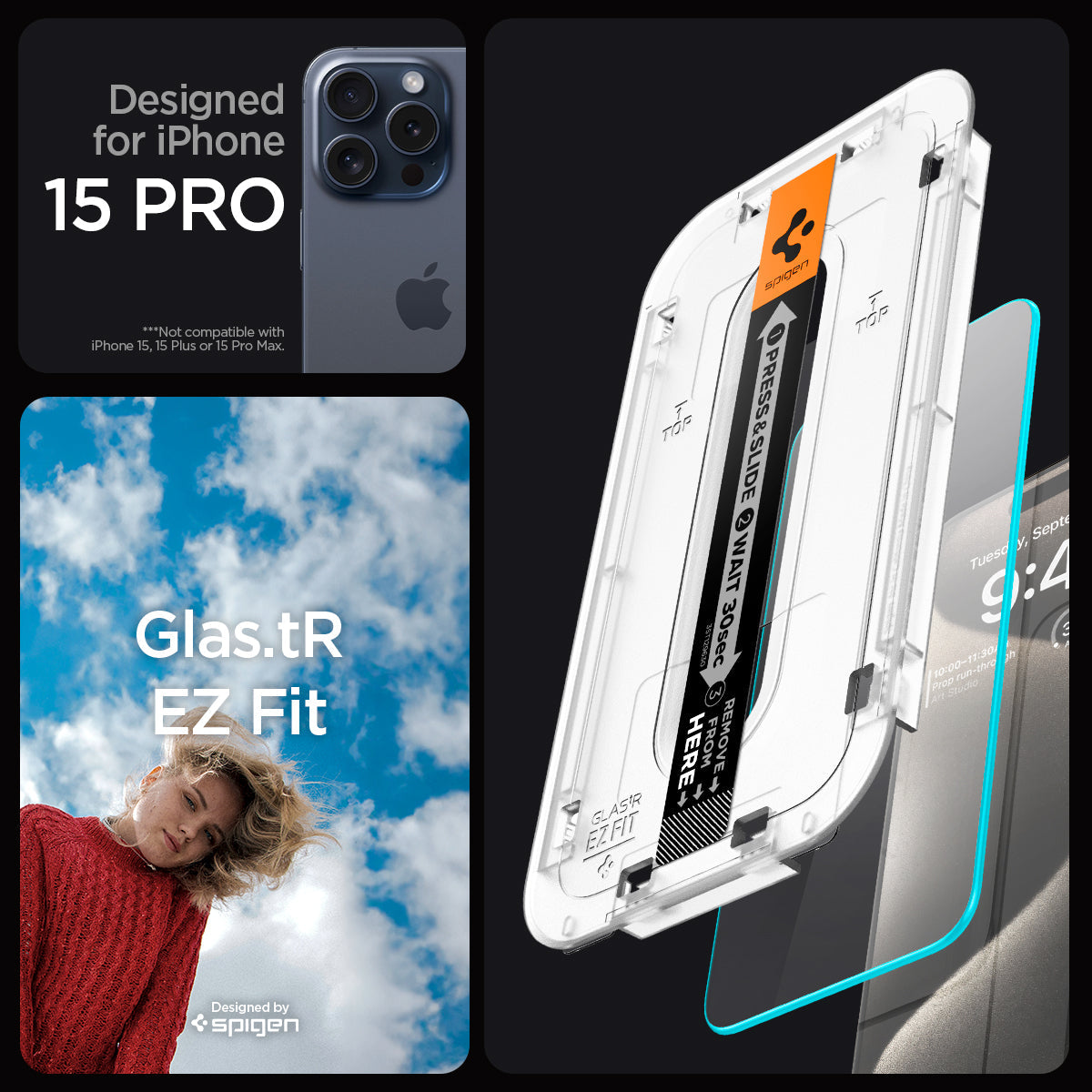 AGL06892 - iPhone 15 Pro Screen Protector EZ FIT GLAS.tR (Sensor Protection) designed for iPhone 15 pro. Glas.tR EZ Fit. designed by spigen.